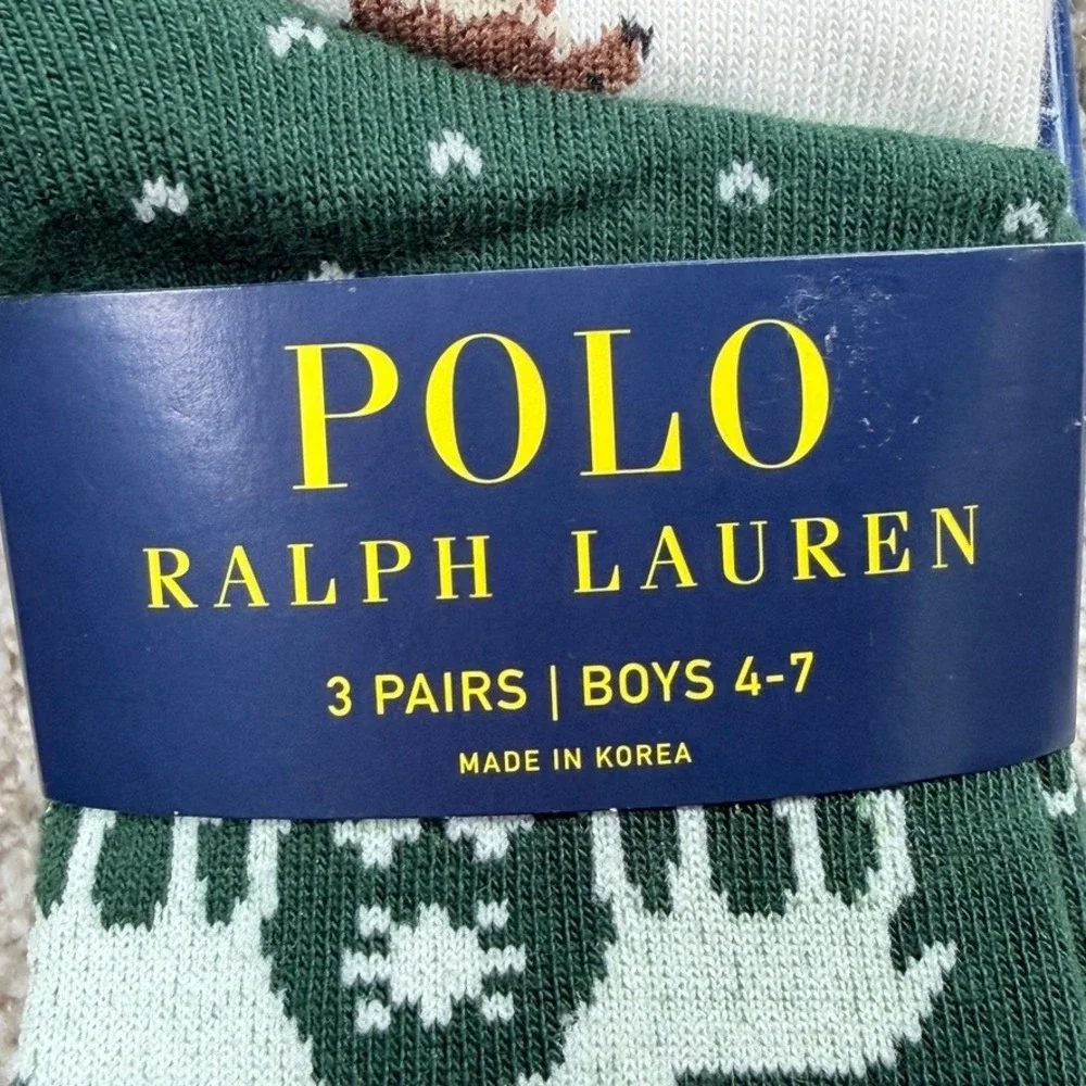 Polo Ralph Lauren Boys 3 Pack Socks Green Reindeer Moose Plaid Size 4-7 NEW